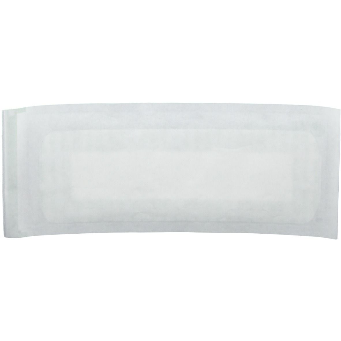 Steriel verband. Rechthoekig, wit verband in verzegelde verpakking. Zichtbare afmetingen.