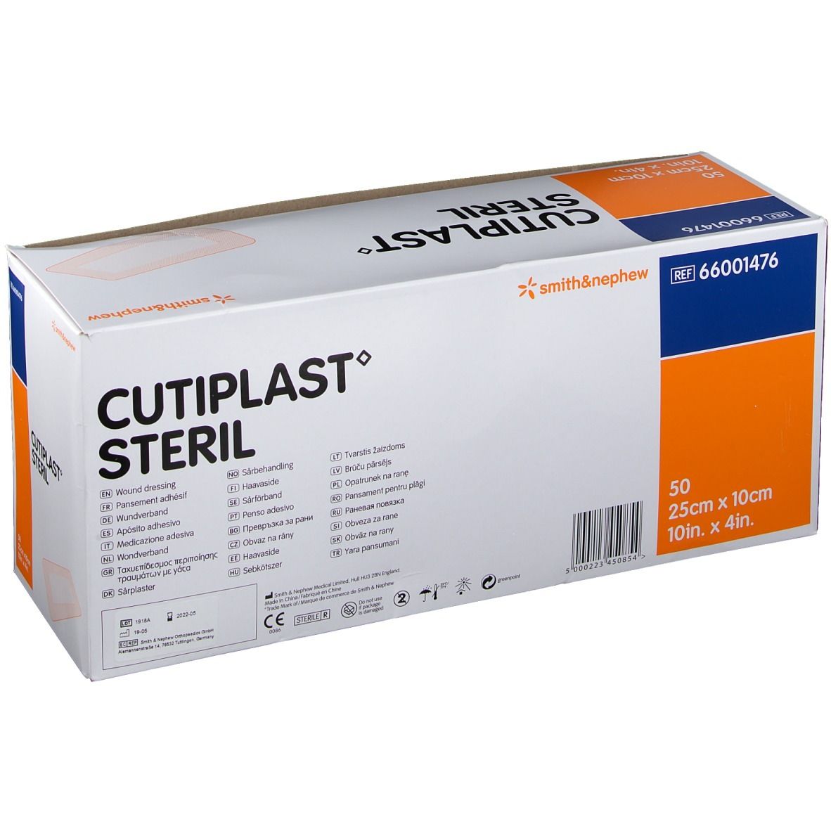 Verpakking van CULTIPLAST STERIL. Bevat 50 stuks, 25cm x 10cm. Merk Smith & Nephew. Meertalige opschriften.