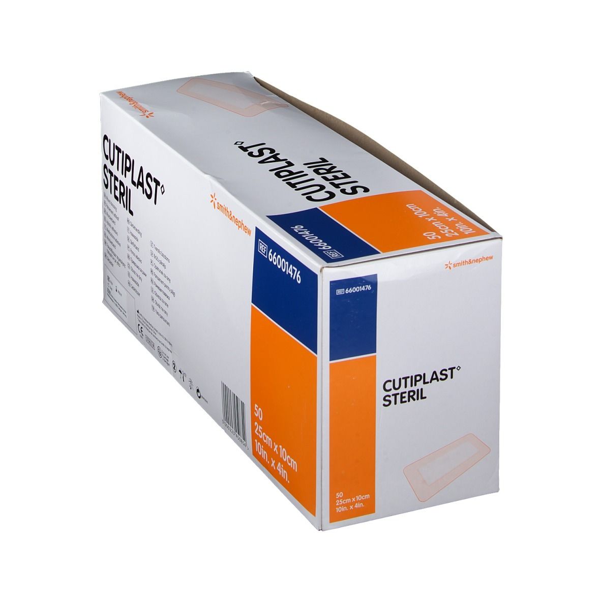 Schuin geplaatste verpakking van CULTIPLAST STERIL. Bevat 50 stuks, 25cm x 10cm. Merk Smith & Nephew. Referentie 66001476.