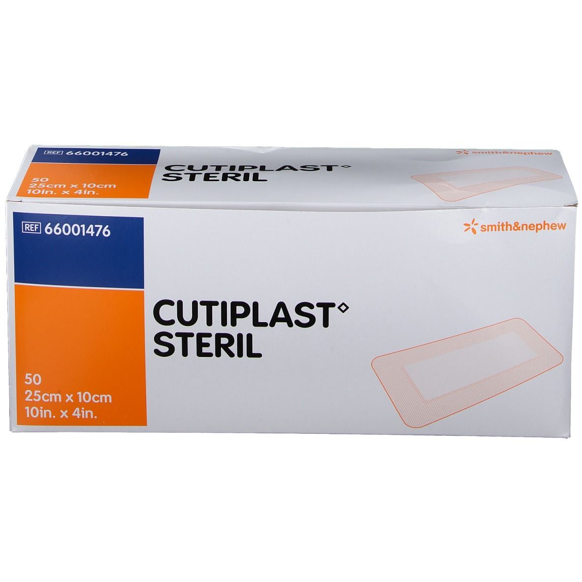 Verpakking van CULTIPLAST STERIL. Bevat 50 stuks, 25cm x 10cm. Merk Smith & Nephew. Referentie 66001476.