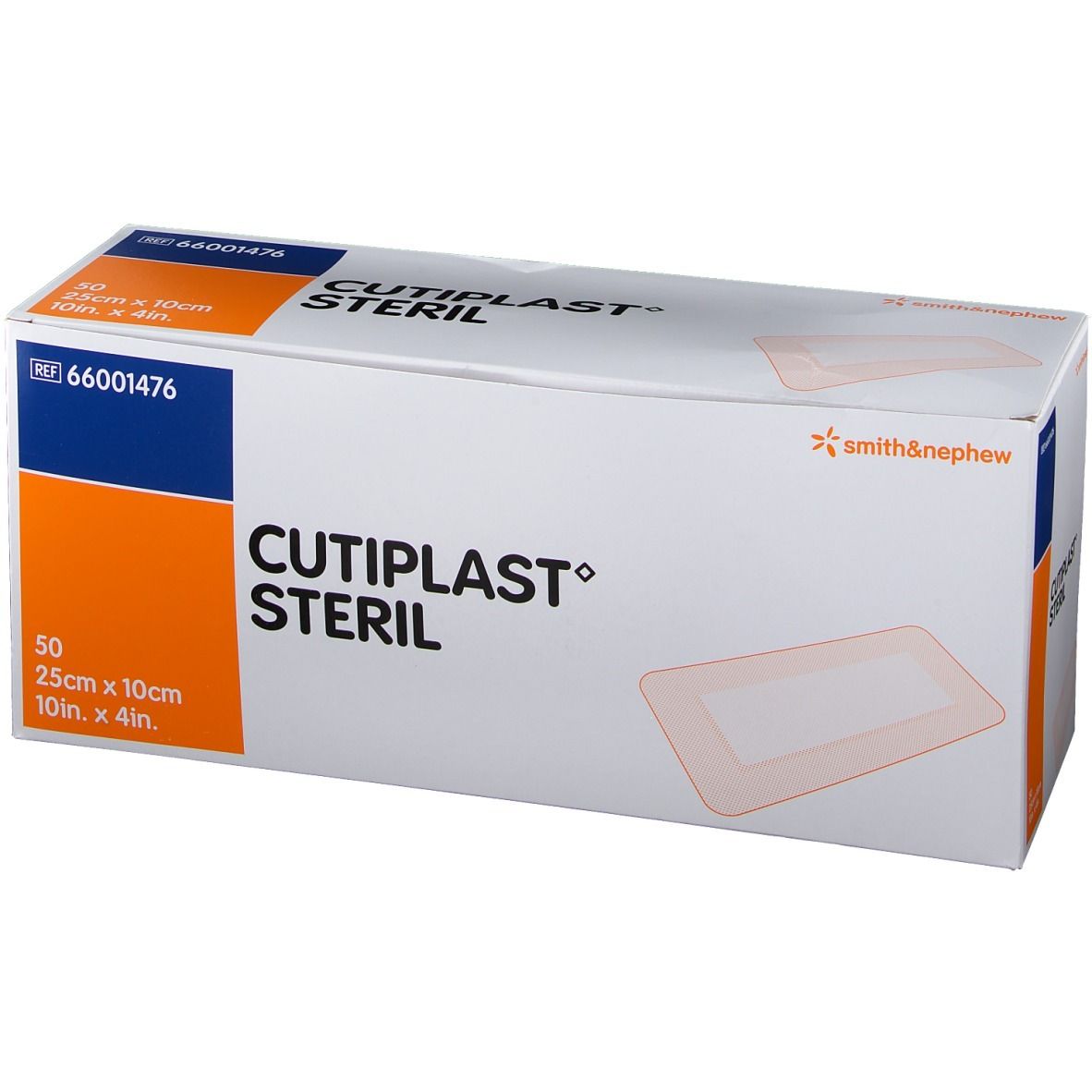 Verpakking van CULTIPLAST STERIL. Bevat 50 stuks, 25cm x 10cm. Merk Smith & Nephew. Referentie 66001476.