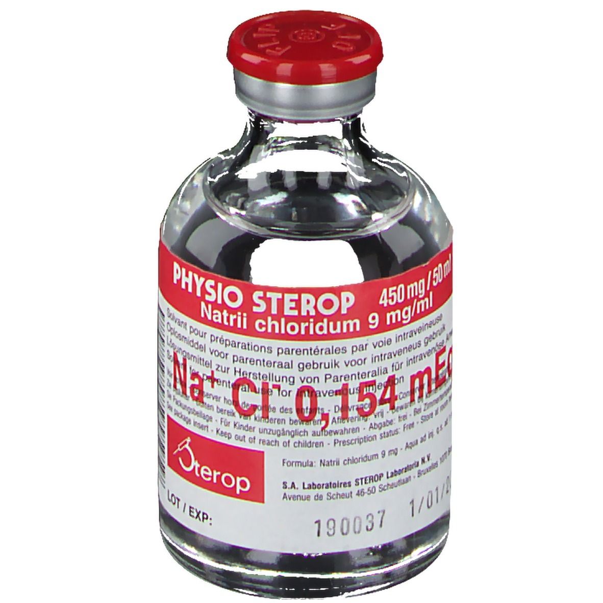Glazen fles met rode dop en rood etiket. Opschrift: Physio Sterop, Natrii chloridum, 9 mg/ml. Heldere vloeistof zichtbaar.