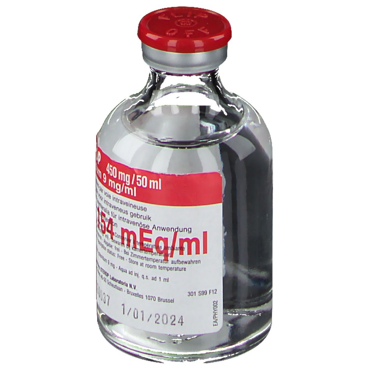 Glazen fles met rode dop en rood etiket. Opschrift: Physio Sterop, Natrii chloridum, 9 mg/ml. Heldere vloeistof zichtbaar.