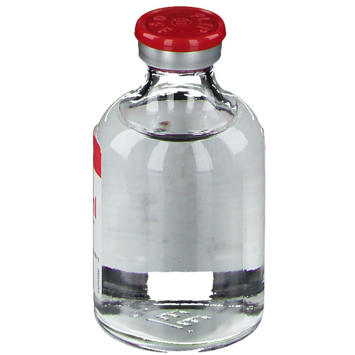 Glazen fles met rode dop. Etiket met leeg veld. Heldere vloeistof zichtbaar.