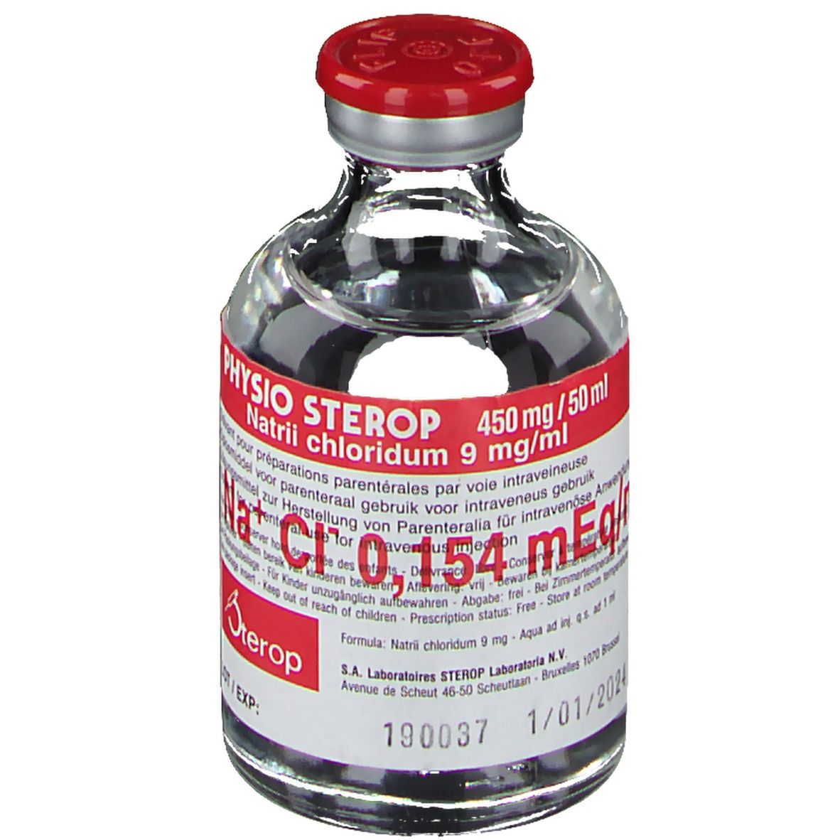 Glazen fles met rode dop en rood etiket. Opschrift: Physio Sterop, Natrii chloridum, 9 mg/ml. Heldere vloeistof zichtbaar.