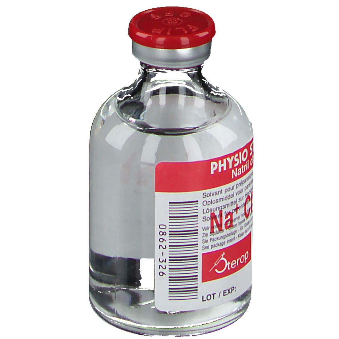 Glazen fles met rode dop en rood etiket. Opschrift: Physio Sterop, Natrii chloridum, 9 mg/ml. Heldere vloeistof zichtbaar.