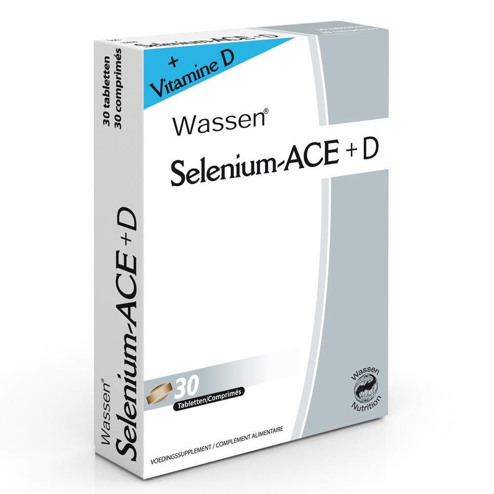 Witte doos "Wassen Selenium-ACE + D" met 30 tabletten. Opschrift "Vitamine D". Logo "Wassen Nutrition".