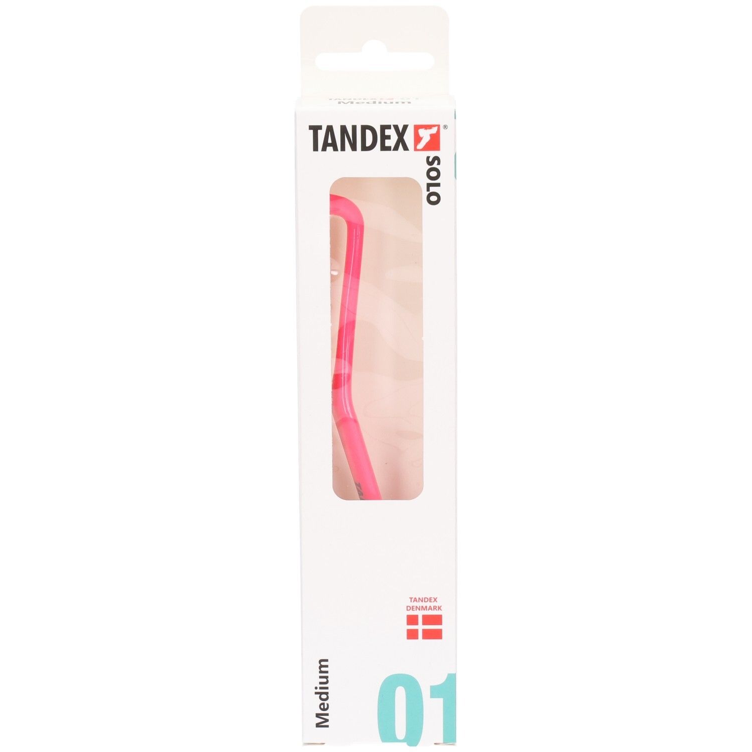Verpakking van een roze Tandex Solo tandenborstel, Medium, met zicht op het product.