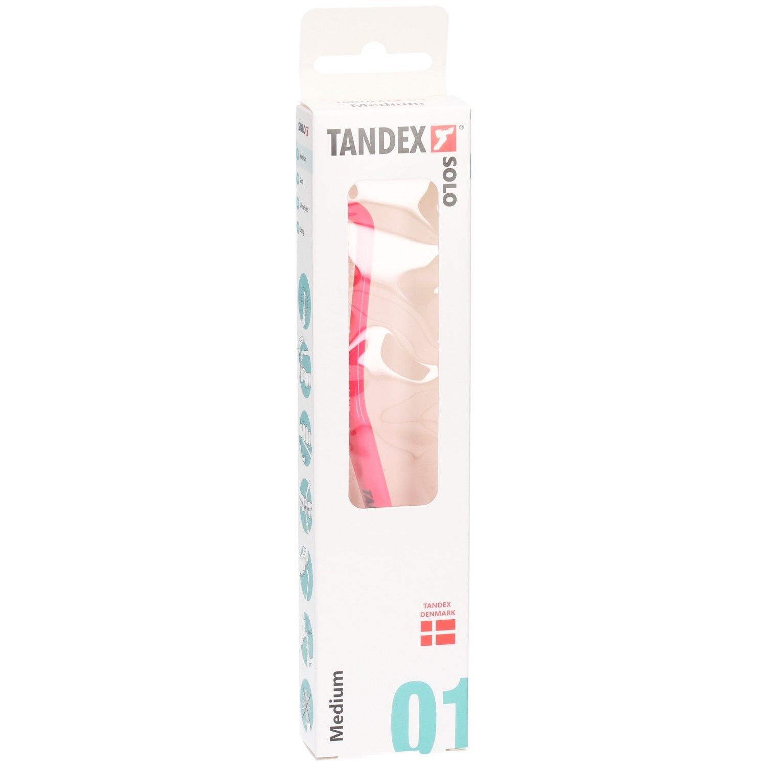 Verpakking van een roze Tandex Solo tandenborstel, Medium, met Deense vlag.