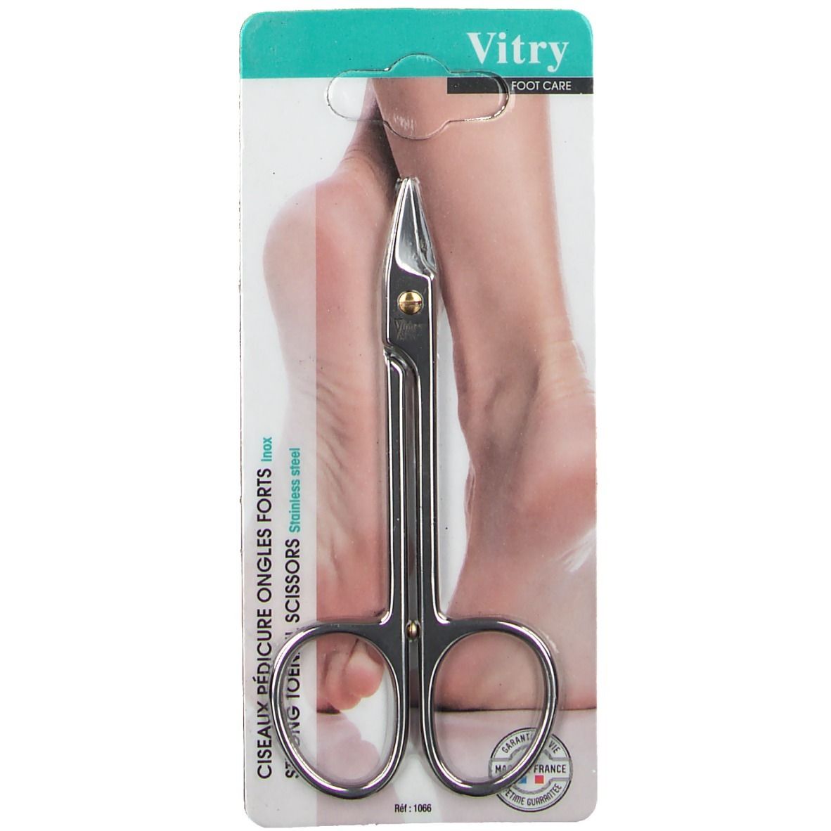 Roestvrijstalen nagelschaar in blisterverpakking. Merk Vitry, voetverzorging. Opschrift: Ciseaux Pédicure Ongles Forts.