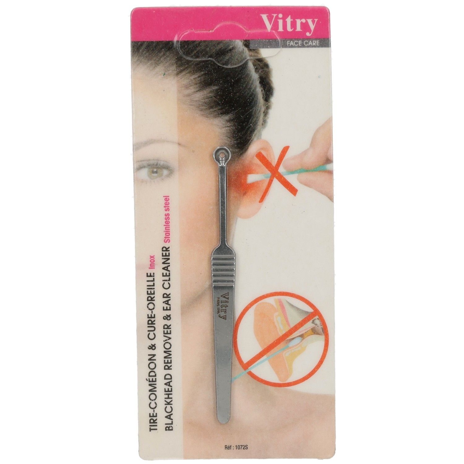 Emballage avec un extracteur de points noirs et un cure-oreille en acier inoxydable. L'outil a une extrémité ronde et une poignée. Le nom de la marque Vitry est visible.