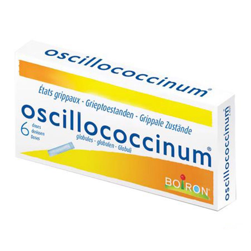 Doos Oscillococcinum, 6 doses. Tekst in het Duits, Frans en Nederlands. Merk Boiron.