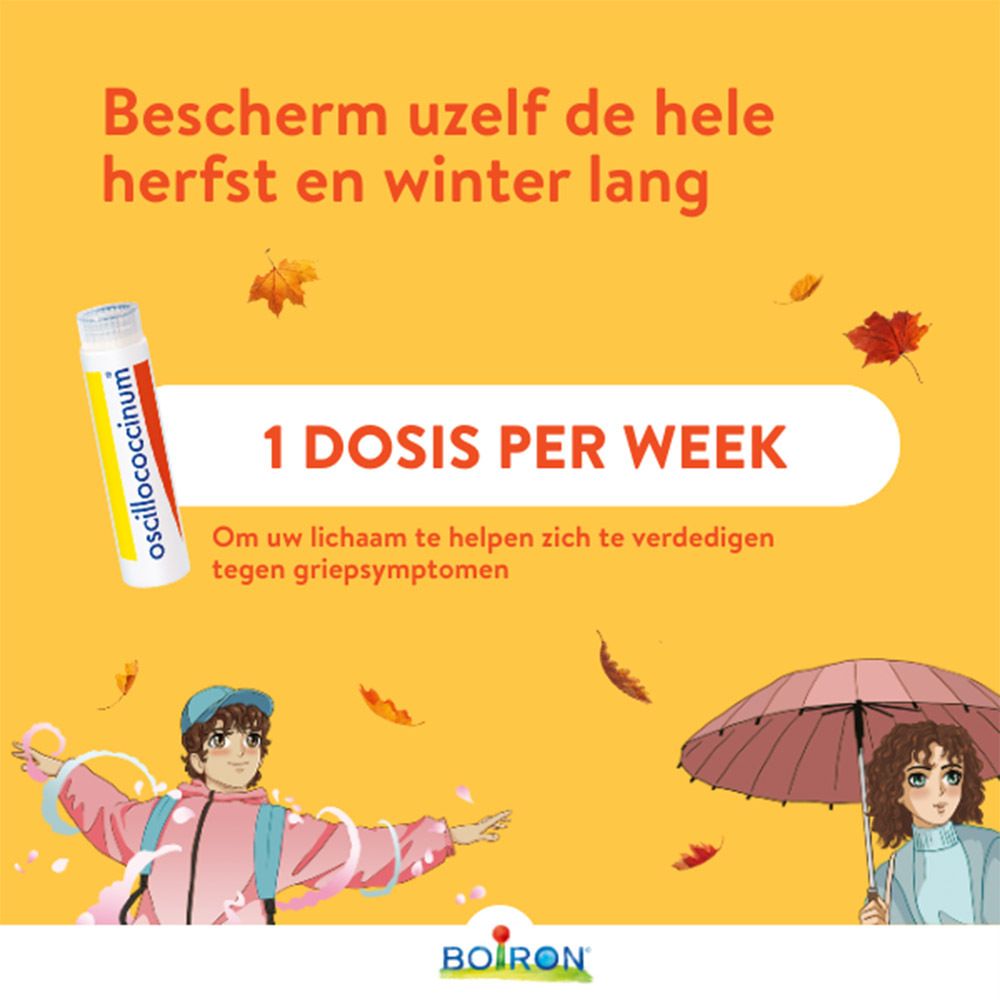 Reclame met Oscillococcinum verpakking en tekst. Gele achtergrond. Merk Boiron.