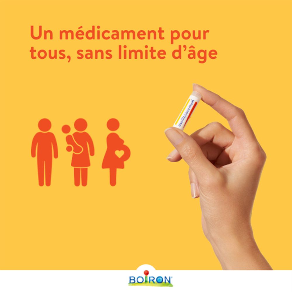 Illustration : Oscillococcinum pour tous les âges. Fond jaune. Marque Boiron.