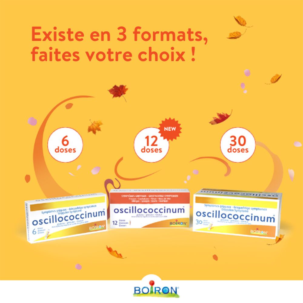 Publicité avec 3 boîtes d'Oscillococcinum. Fond jaune. Marque Boiron.