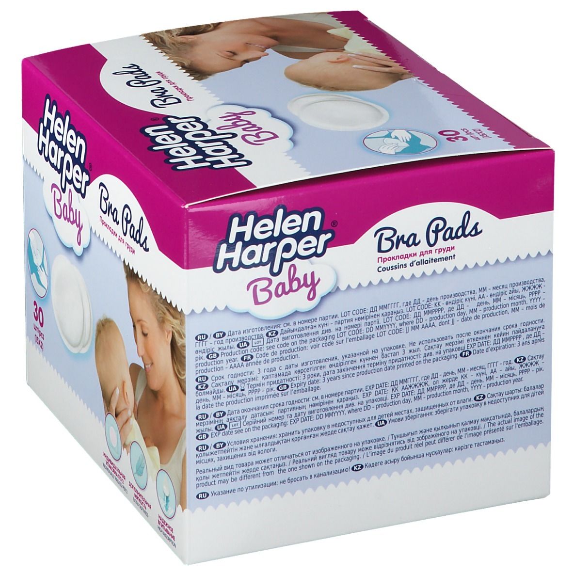 Verpakking Helen Harper Baby zoogkompressen. 30 stuks. Ronde, witte kompressen. Roze en wit ontwerp met baby-illustraties.