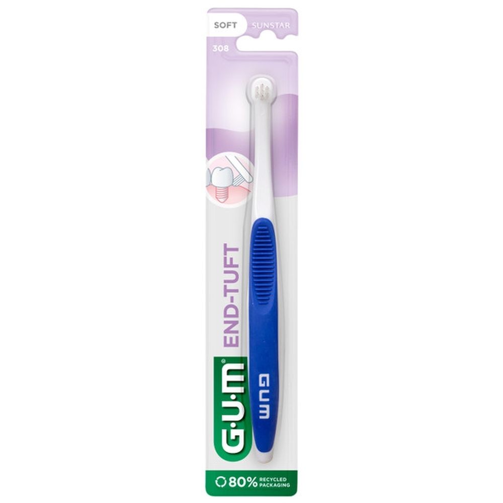 GUM End-Tuft tandenborstel, blauw-wit. Enkele borsteltjes. In blisterverpakking.