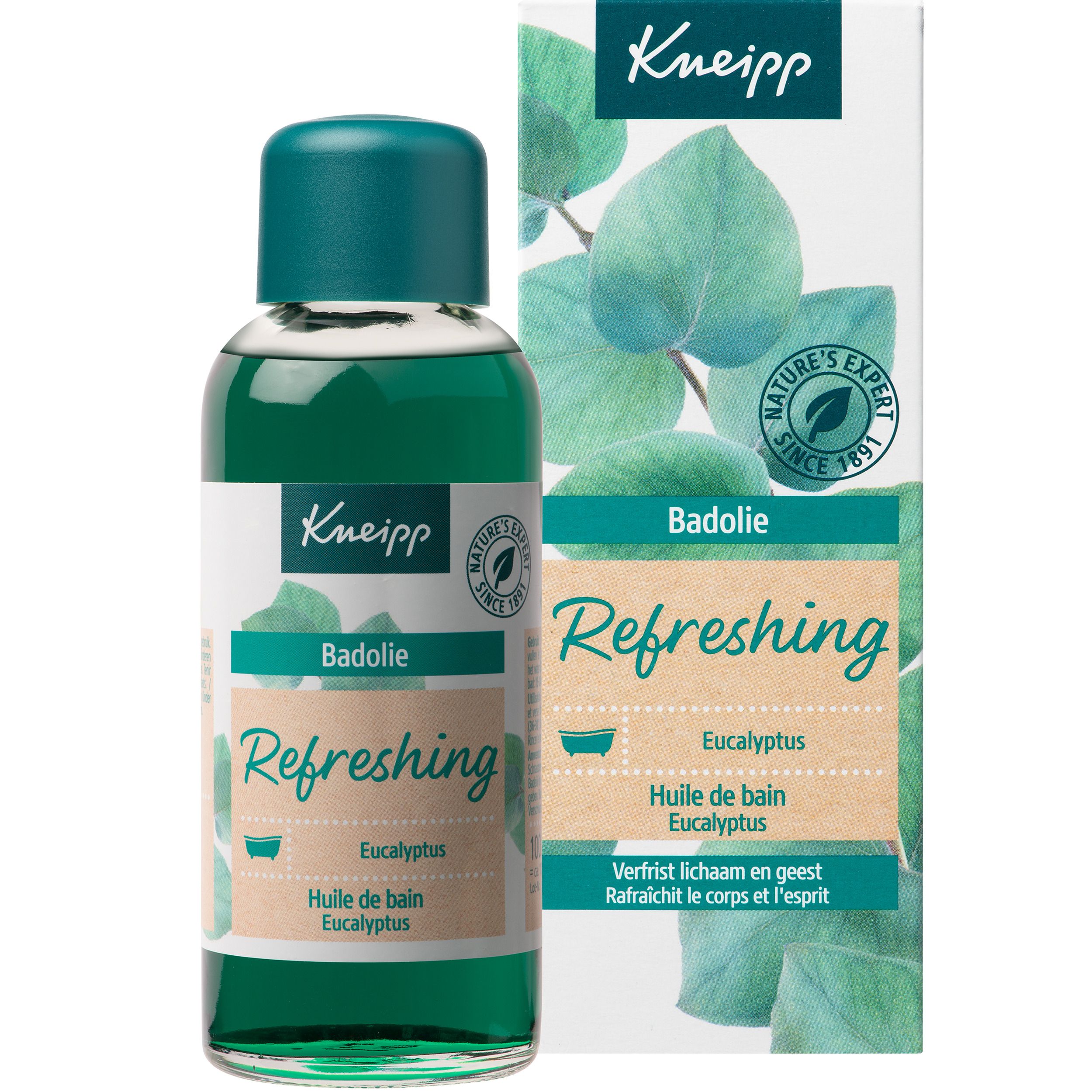 Groene fles met groene inhoud en groene dop. Opschrift Kneipp, Badolie Refreshing Eucalyptus.