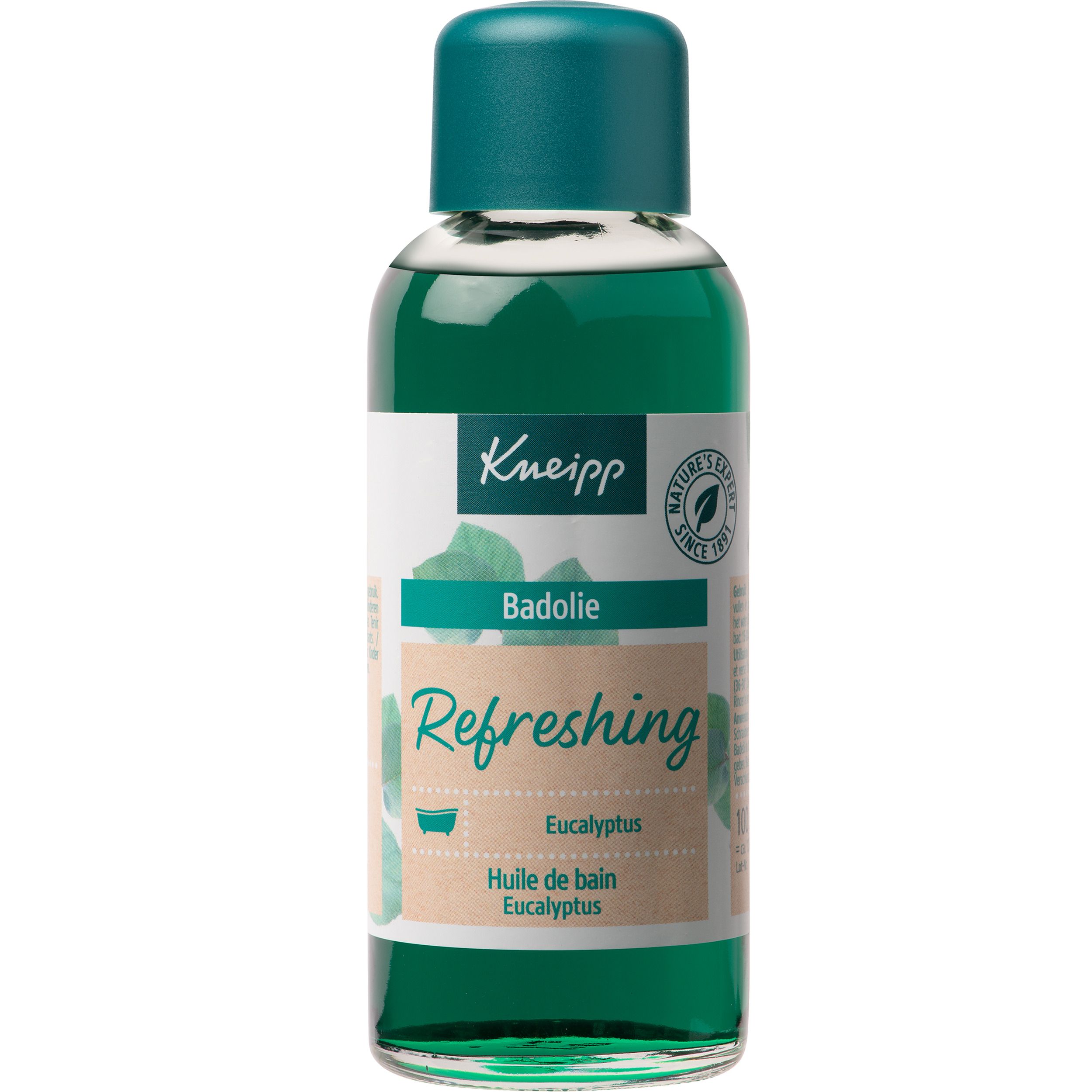 Groene fles met groene inhoud en groene dop. Opschrift Kneipp, Badolie Refreshing Eucalyptus.