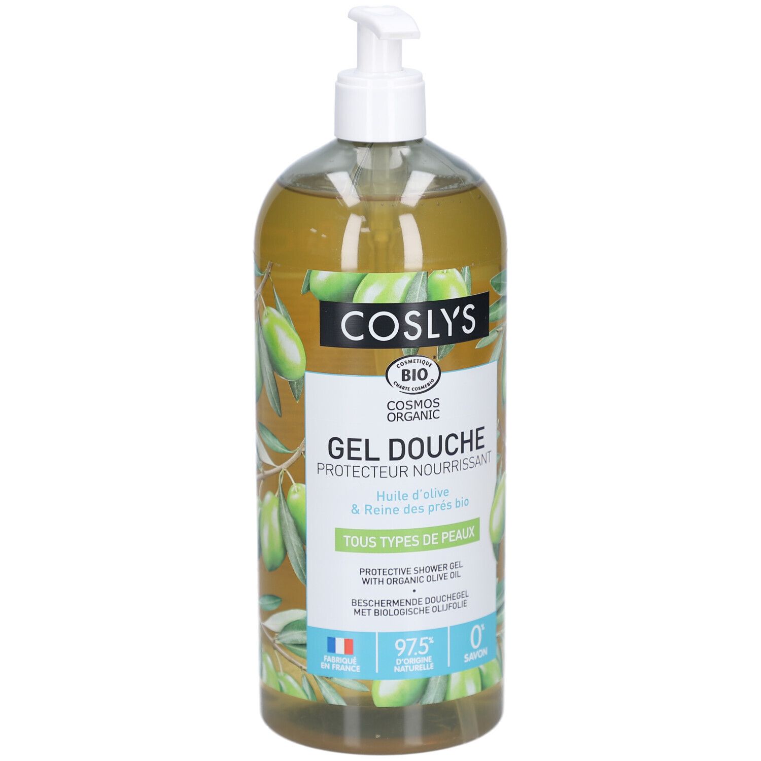 Flacon transparent avec pompe. Inscription : Coslys, Gel Douche Protecteur Nourrissant. Certification bio. Motif olives et reine des prés.