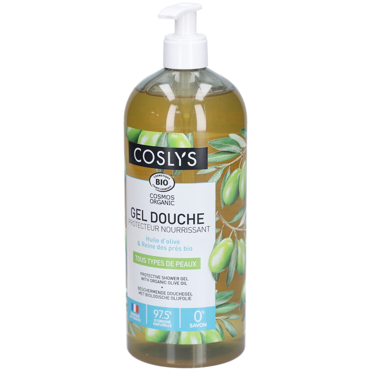 Flacon transparent avec pompe. Inscription : Coslys, Gel Douche Protecteur Nourrissant. Certification bio. Motif olives et reine des prés.