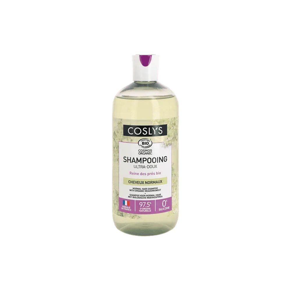 Flacon transparent de shampooing COSLYS Ultra-doux pour cheveux normaux. Certifié bio. Bouchon blanc.