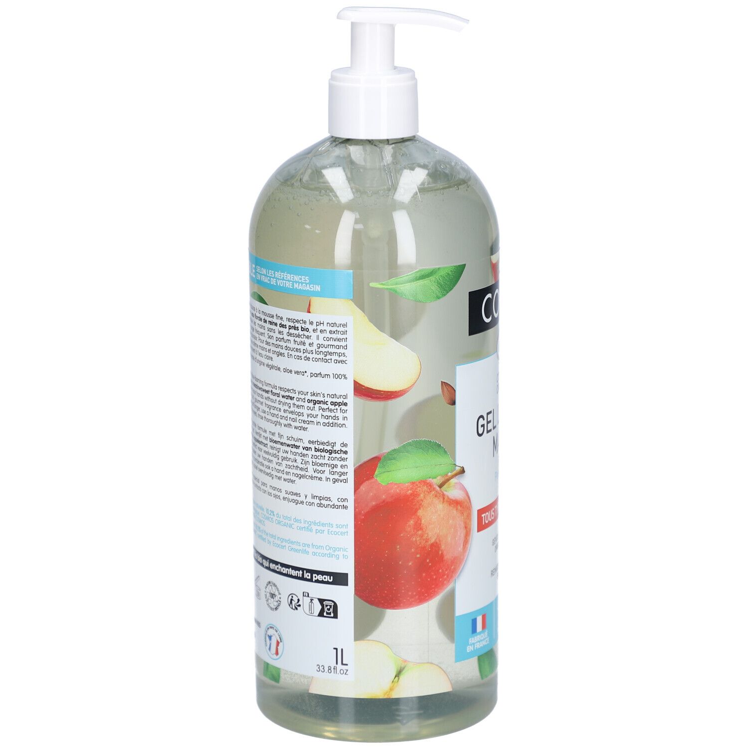 Transparante fles met pomp. Achterkant met tekst en illustraties. Appelillustraties. Franse vlag. Volume: 1L.