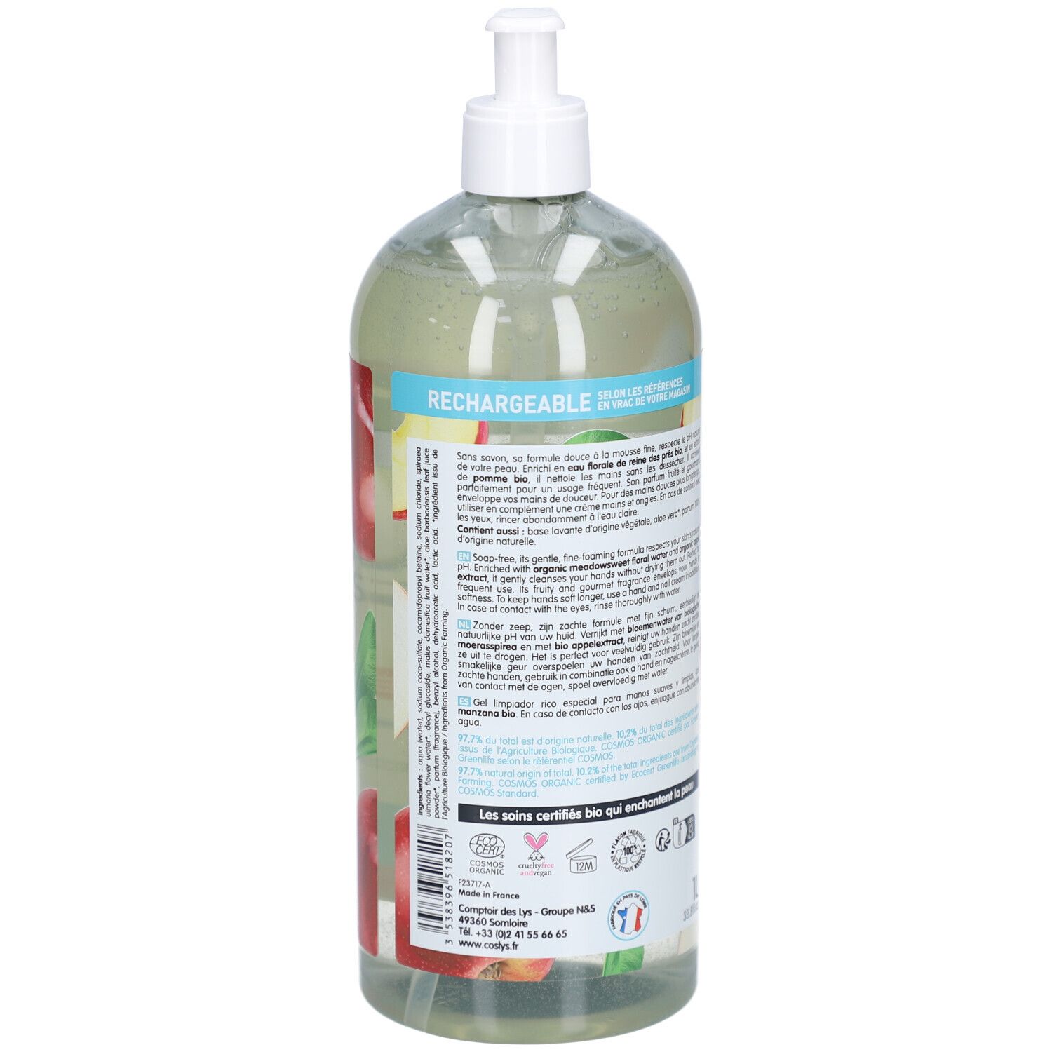 Transparante fles met pomp. Achterkant met tekst. Tekst "RECHARGEABLE". Bio-certificeringen. Franse vlag.