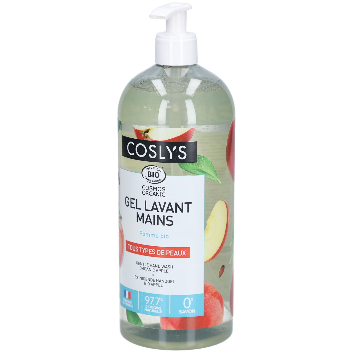 Transparante fles met pomp. Etiket met "Coslys", "Gel Lavant Mains", appelillustraties en bio-label. Franse vlag.