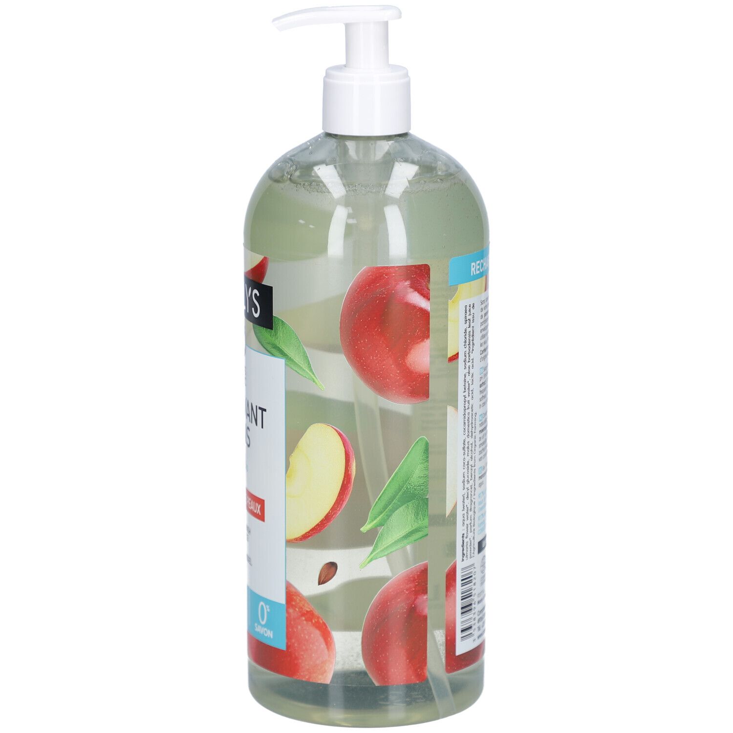 Transparante fles met pomp. Etiket met appelillustraties. Tekst "RECHARGEABLE". Franse vlag. Bio-label.