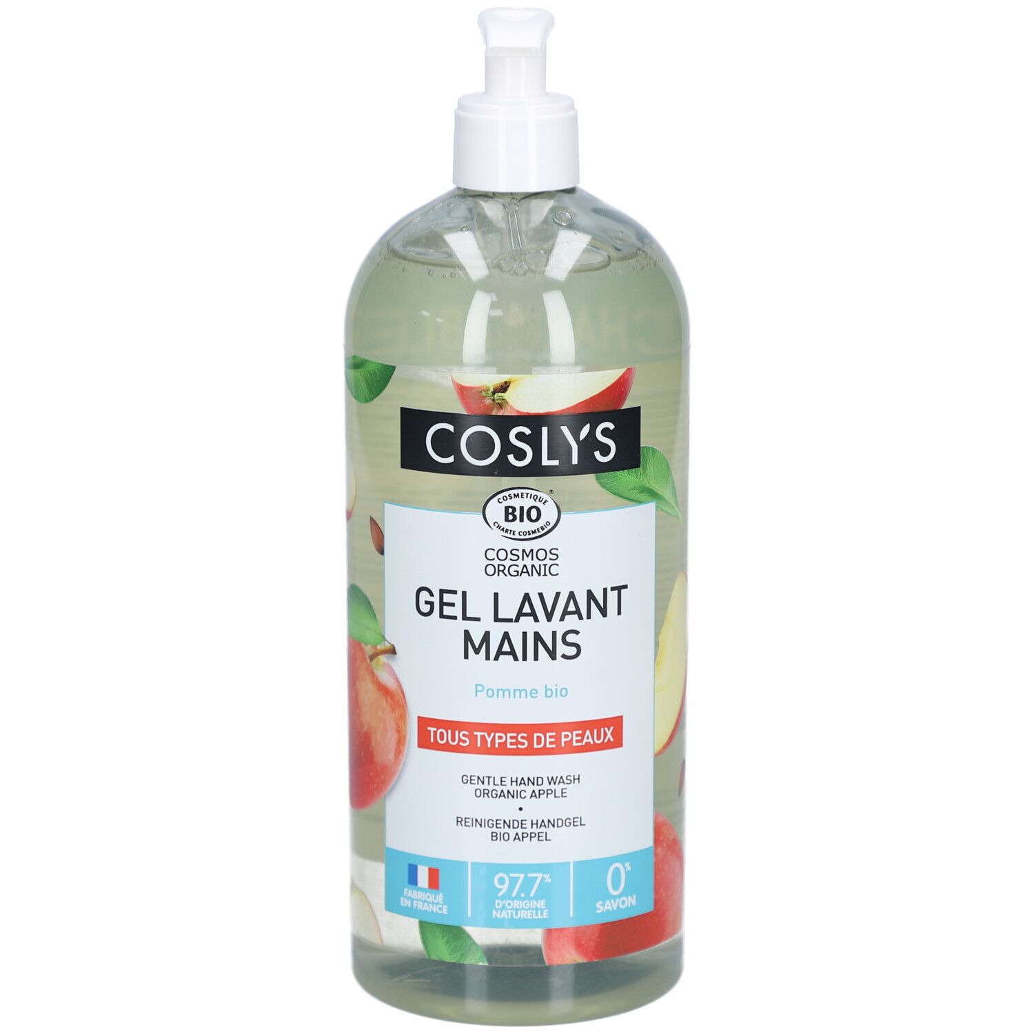 Transparante fles met pomp. Etiket met "Coslys", "Gel Lavant Mains", appelillustraties en bio-label. Franse vlag.