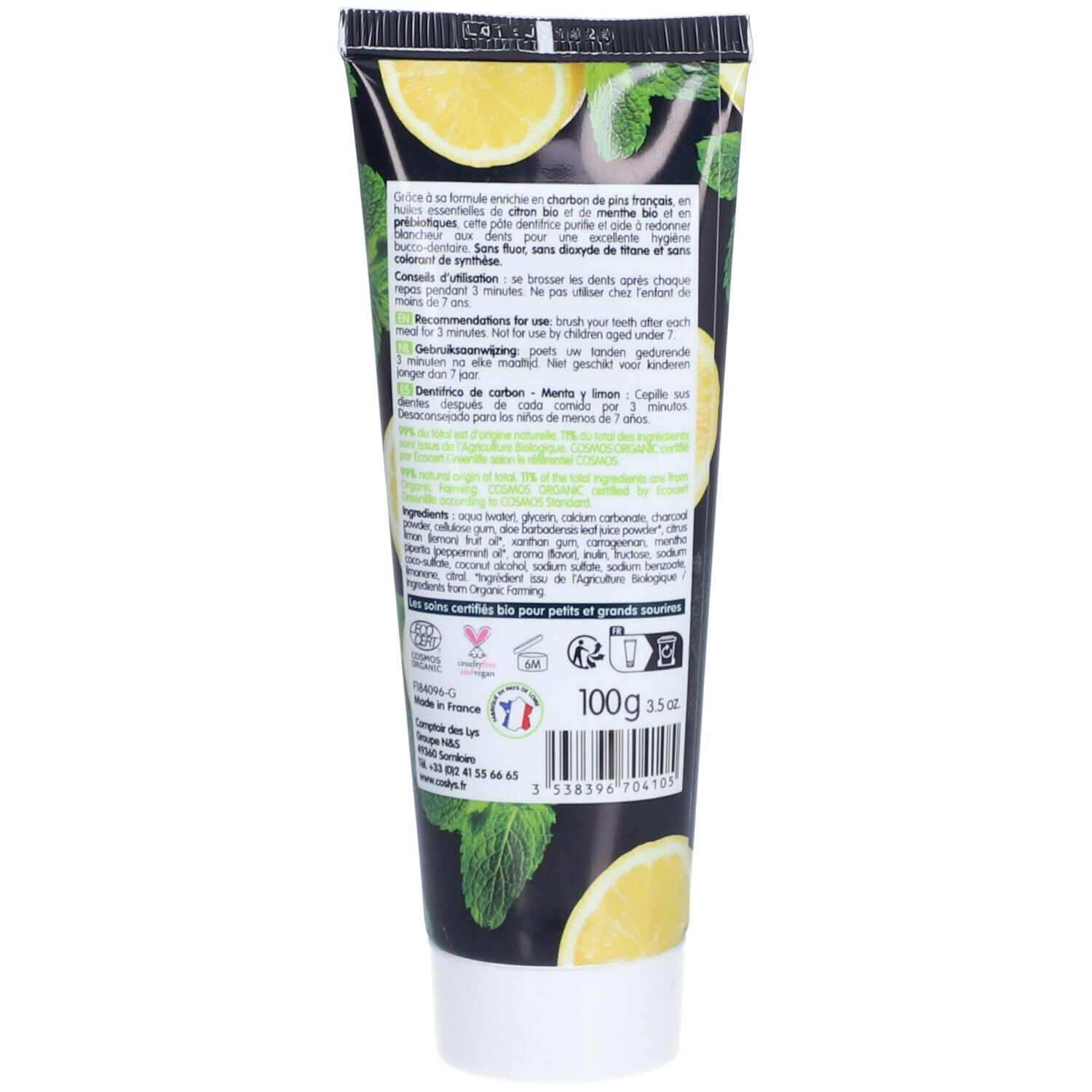 Coslys Dentifrice Charbon Végétal Menthe Et Citron
