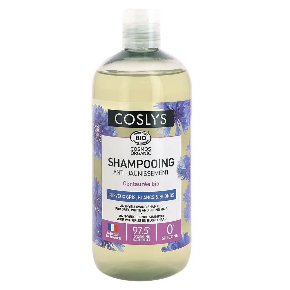 COSLYS anti-vergelingsshampoo voor grijs, wit en blond haar. Fles met blauwe bloemen en productinformatie.