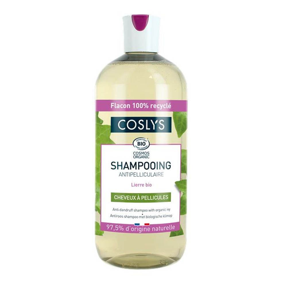 COSLYS Shampooing antipelliculaire. Fles met witte dop en groen etiket. 100% gerecycled.