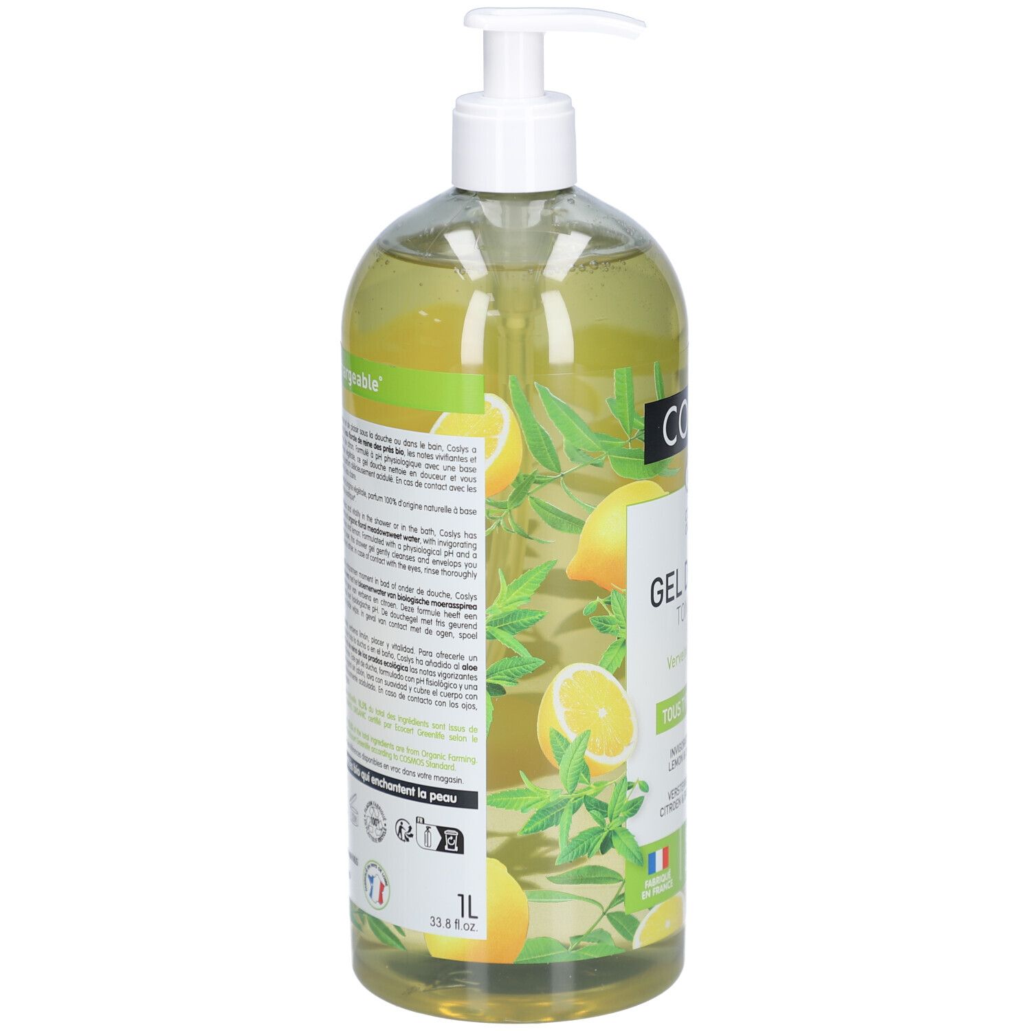 Flacon transparent avec pompe doseuse. Étiquette avec informations produit. Motif citron et herbes.