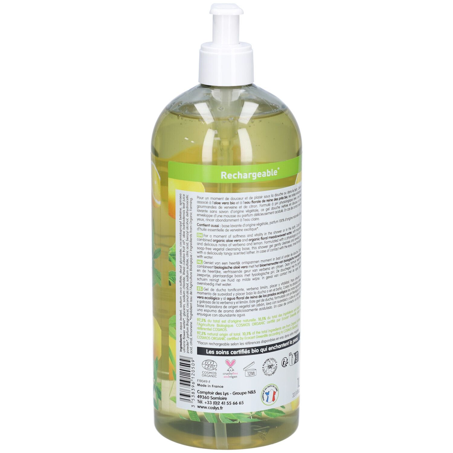 Flacon transparent avec pompe doseuse. Étiquette avec informations produit et certifications. Vue arrière.