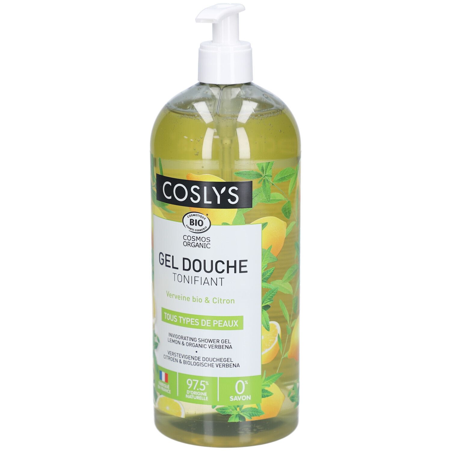Flacon transparent avec pompe doseuse. Étiquette avec nom du produit et logo. Motif citron et herbes.
