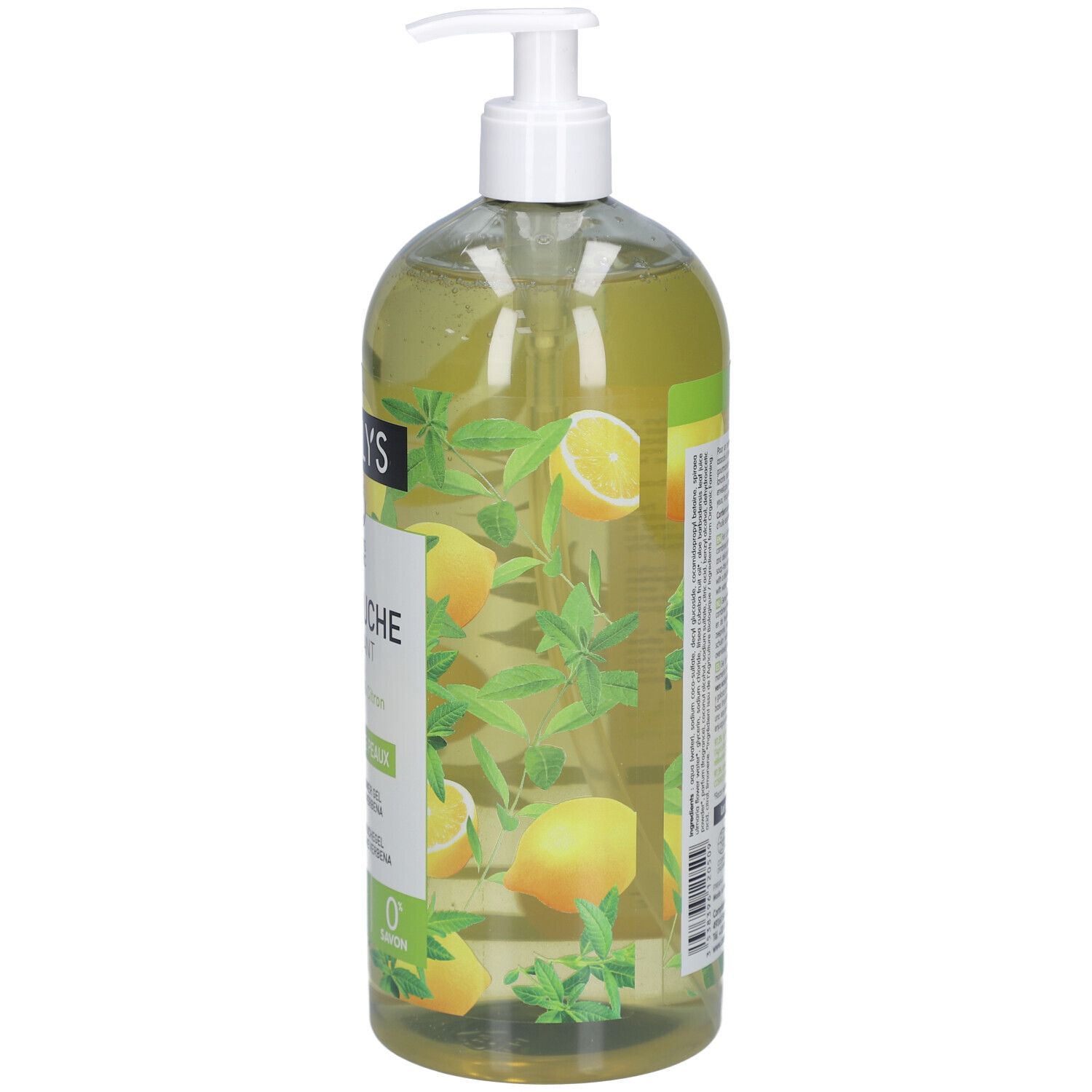 Flacon transparent avec pompe doseuse. Étiquette avec informations produit. Motif citron et herbes.