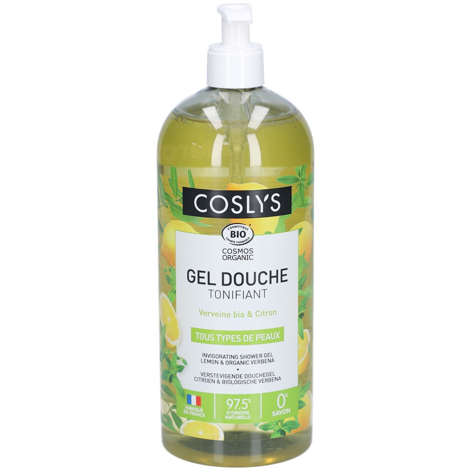 Flacon transparent avec pompe doseuse. Étiquette avec nom du produit et logo. Motif citron et herbes.