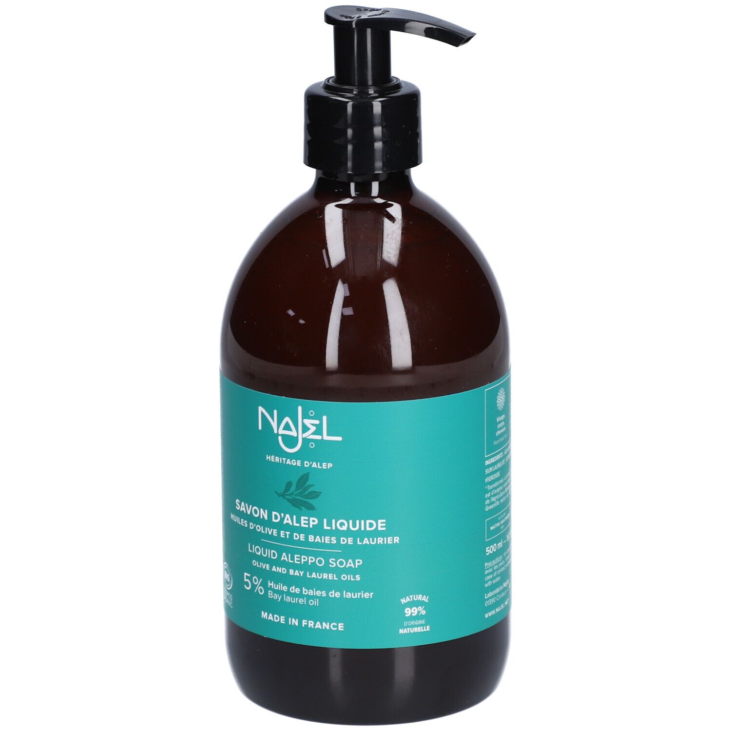Najel Savon D'Alep Liquide Visage Et Corps Huile D'Olive Et Huile De Baies De Laurier 5% Bio