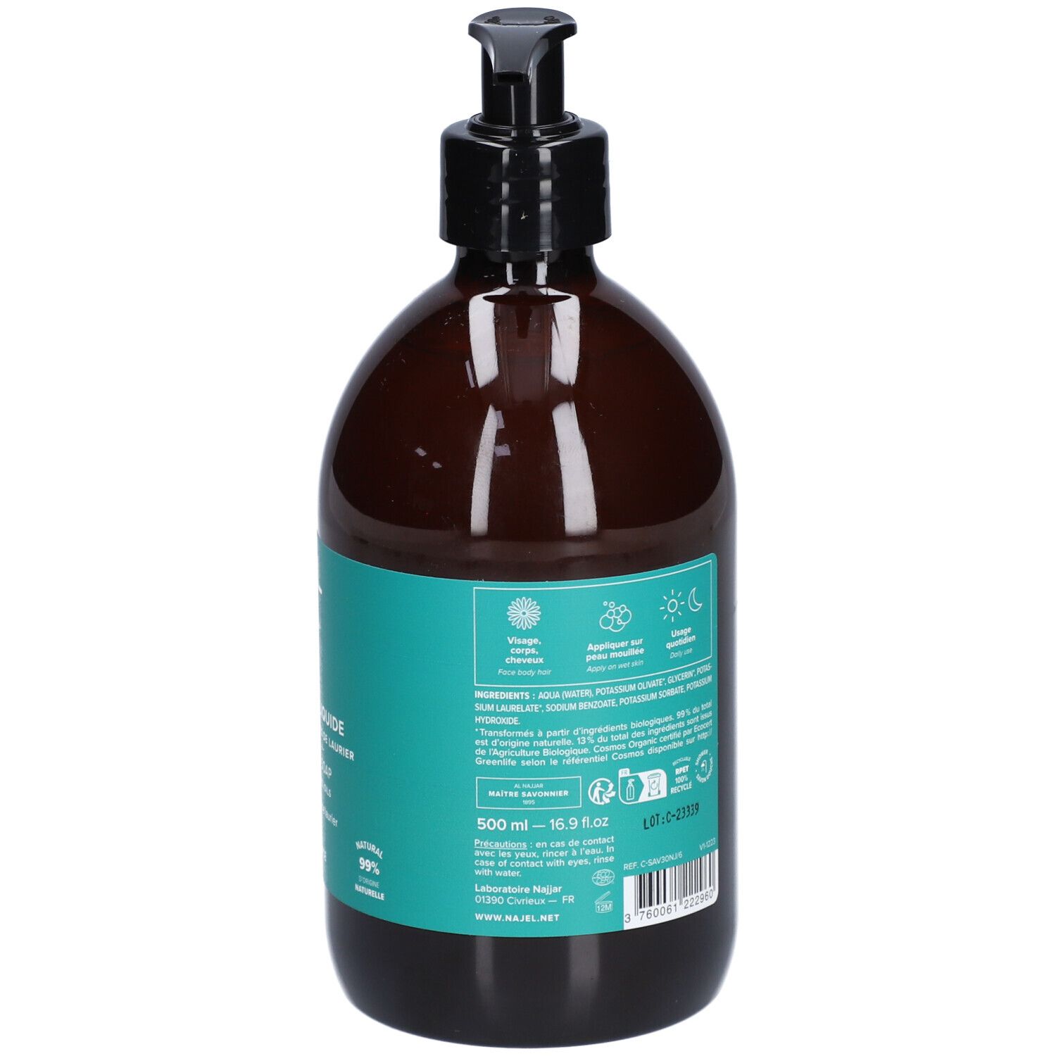 Najel Savon D'Alep Liquide Visage Et Corps Huile D'Olive Et Huile De Baies De Laurier 5% Bio