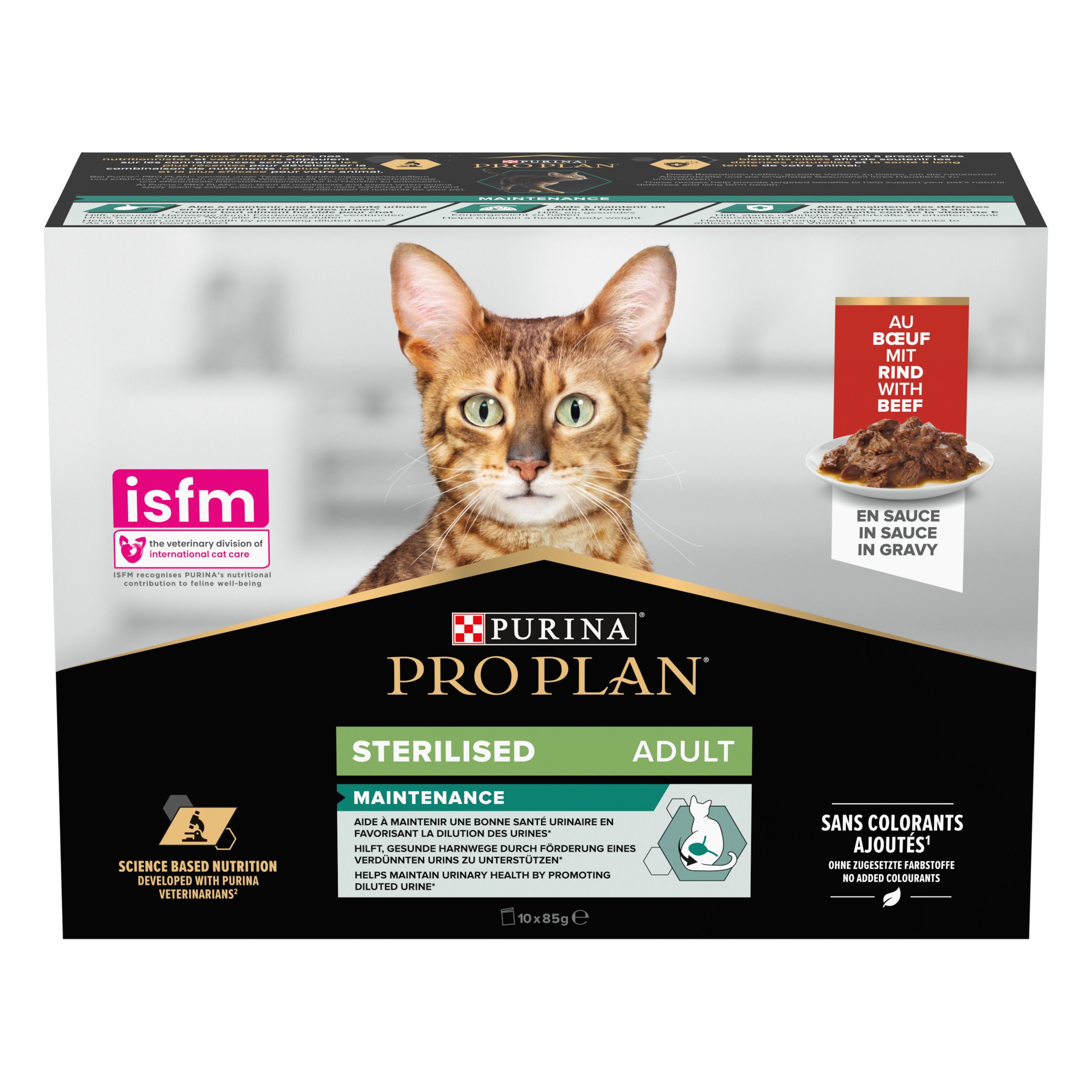 Voorkant van de doos. Product: Purina Pro Plan Sterilised Adult. Kat afgebeeld.