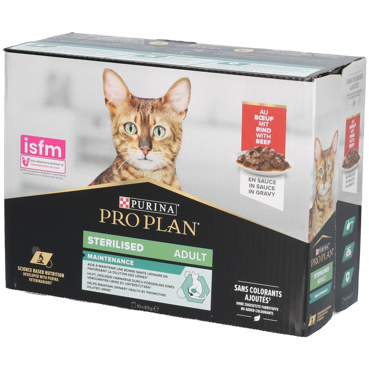 Doos Purina Pro Plan Sterilised Adult. Kat afgebeeld. Tekst: Zonder toegevoegde kleurstoffen.