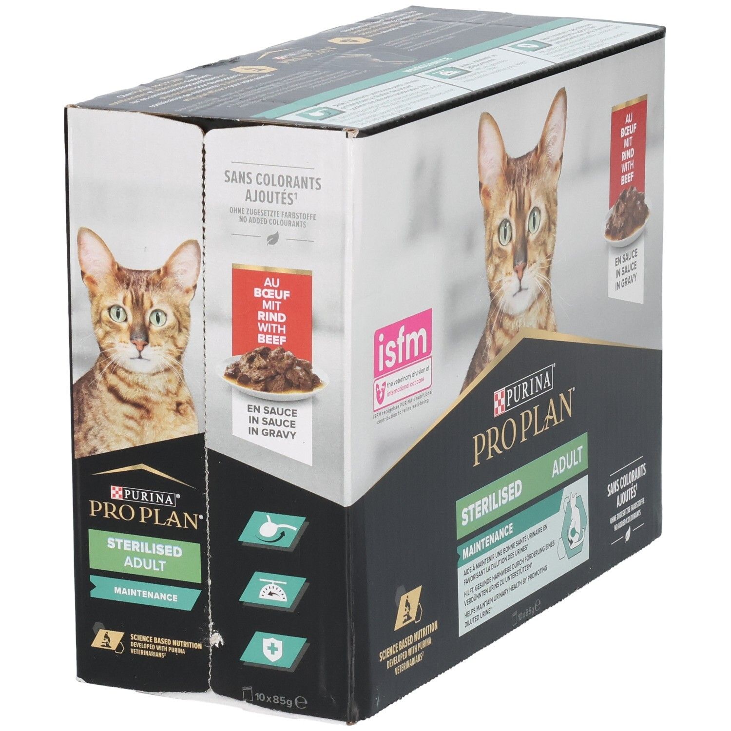 Doos Purina Pro Plan Sterilised Adult. Kat afgebeeld. Tekst: Zonder toegevoegde kleurstoffen.