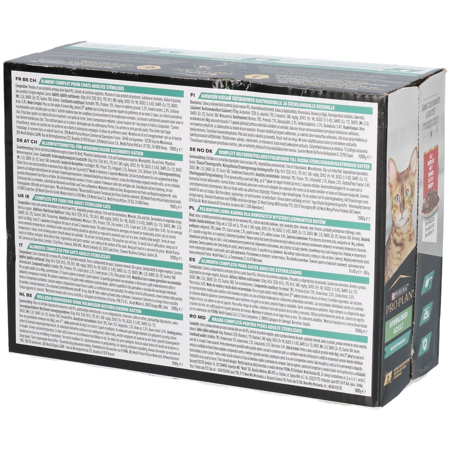 Achterkant van de doos. Meertalige tekst. Product: Purina Pro Plan Sterilised Adult.