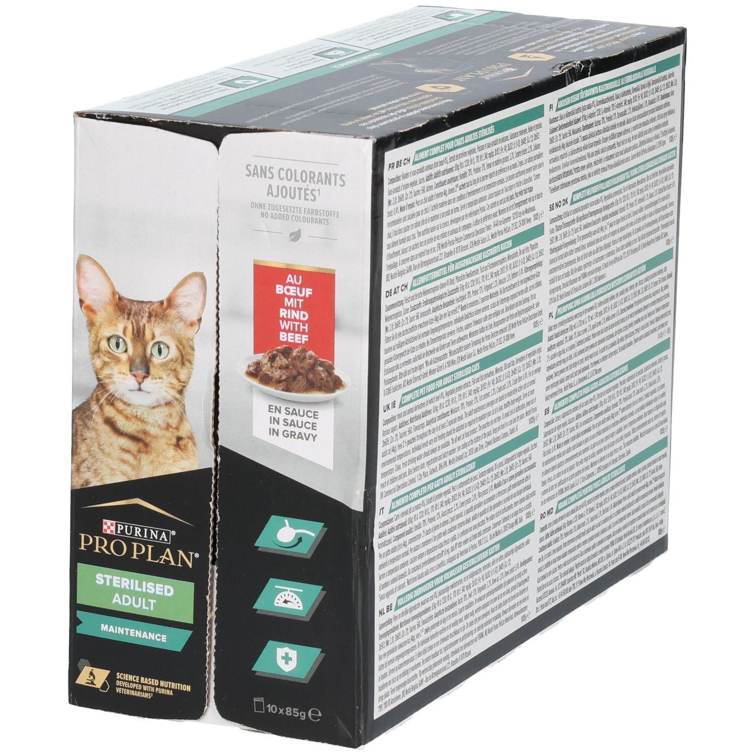 Achterkant van de doos. Meertalige tekst. Product: Purina Pro Plan Sterilised Adult.