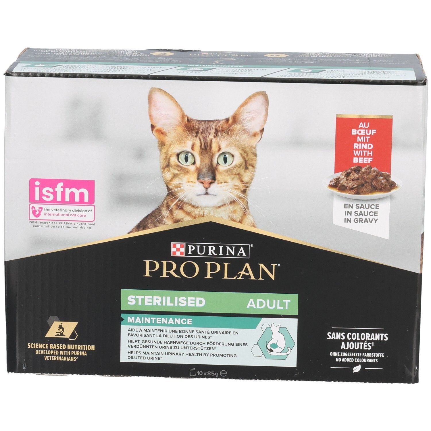 Doos Purina Pro Plan Sterilised Adult. Kat afgebeeld. Tekst: Zonder toegevoegde kleurstoffen.