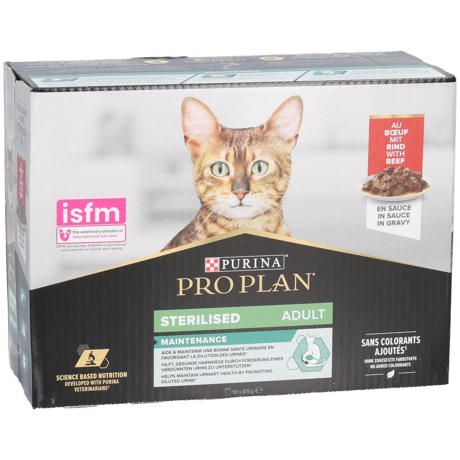 Doos Purina Pro Plan Sterilised Adult. Kat afgebeeld. Tekst: Zonder toegevoegde kleurstoffen.