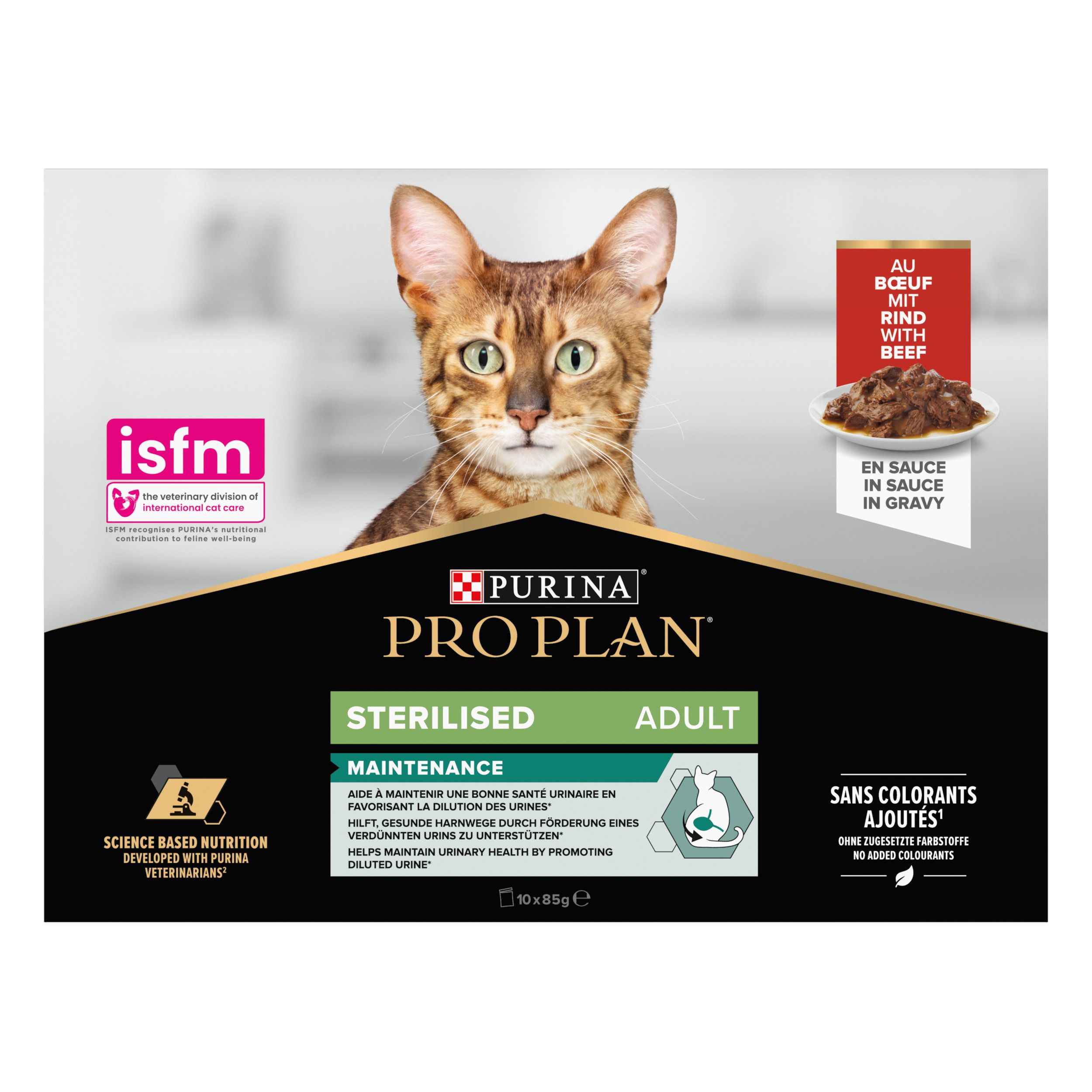 Achterkant van de doos. Meertalige tekst. Product: Purina Pro Plan Sterilised Adult.