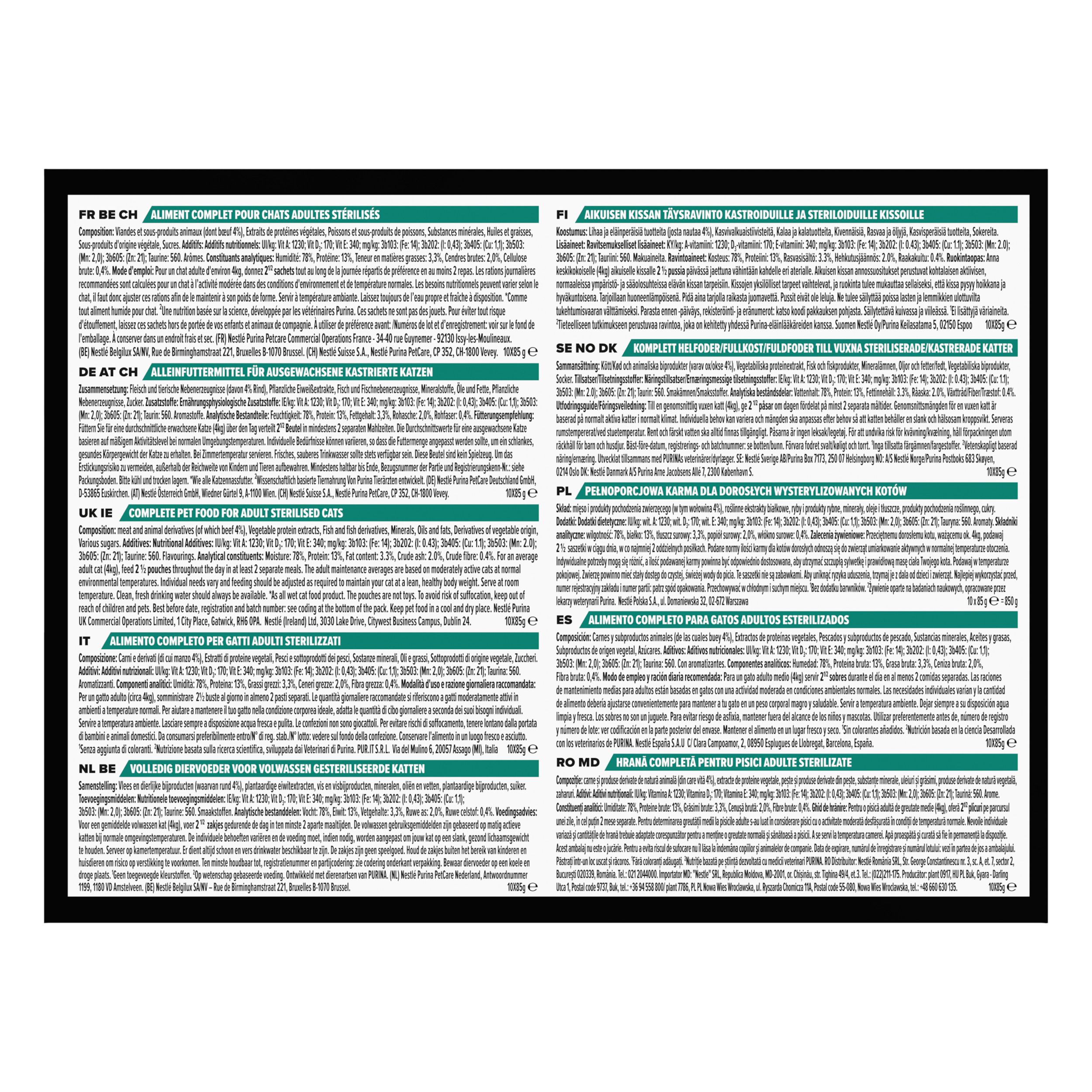 Boîte Purina Pro Plan Sterilised Adult. Chat sur l'emballage. Texte: Sans colorants ajoutés.